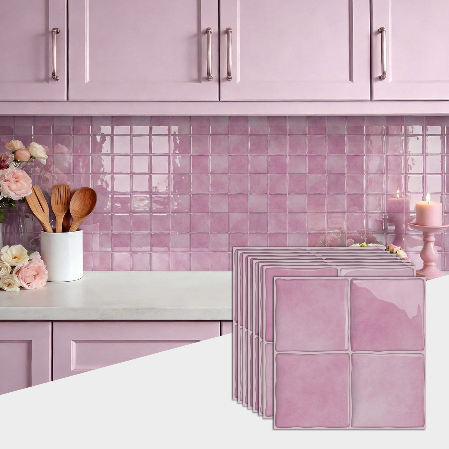 Commercial Kitchen Wall Panels - 3D Epoksi Pembe Karo Duvar Çıkartmaları